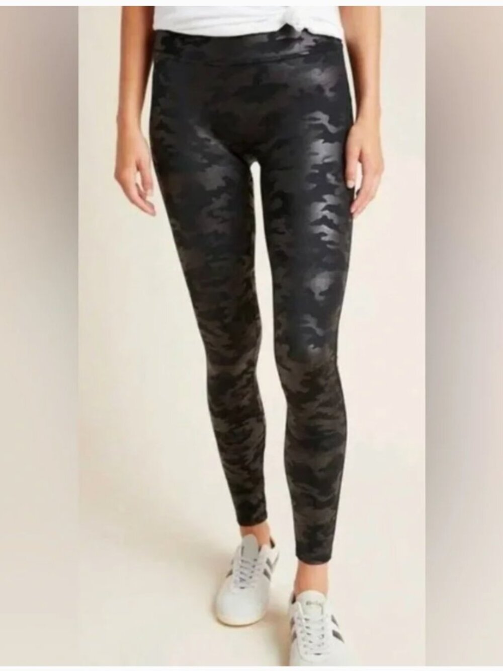 Spanx Camo Camouflage Black Faux Leather Shiny Leggings Pants Size Small